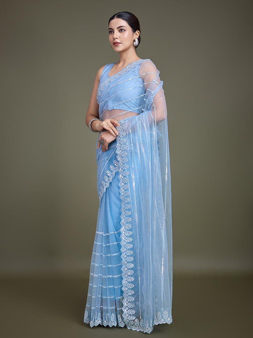 Monjolika Fashion Glamorous Women'S Sky Blue Sequin Work Soft Net Saree - Distacart