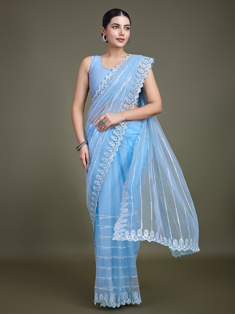 Monjolika Fashion Glamorous Women'S Sky Blue Sequin Work Soft Net Saree - Distacart