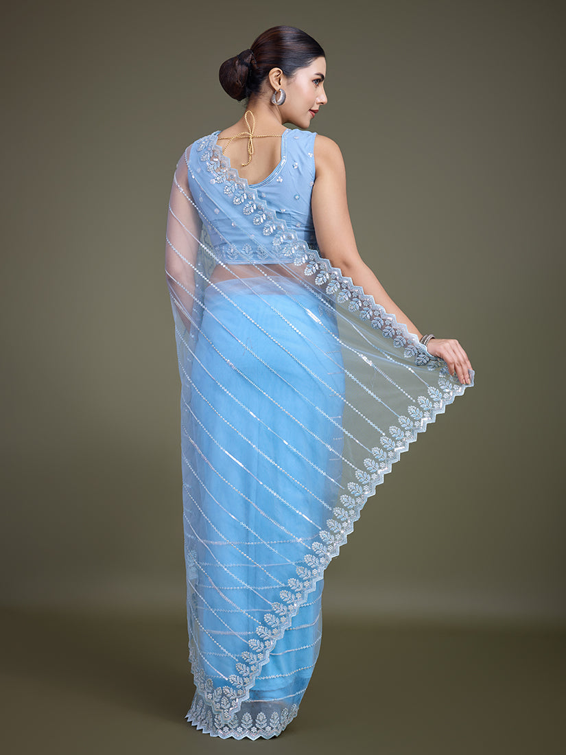 Monjolika Fashion Glamorous Women'S Sky Blue Sequin Work Soft Net Saree - Distacart