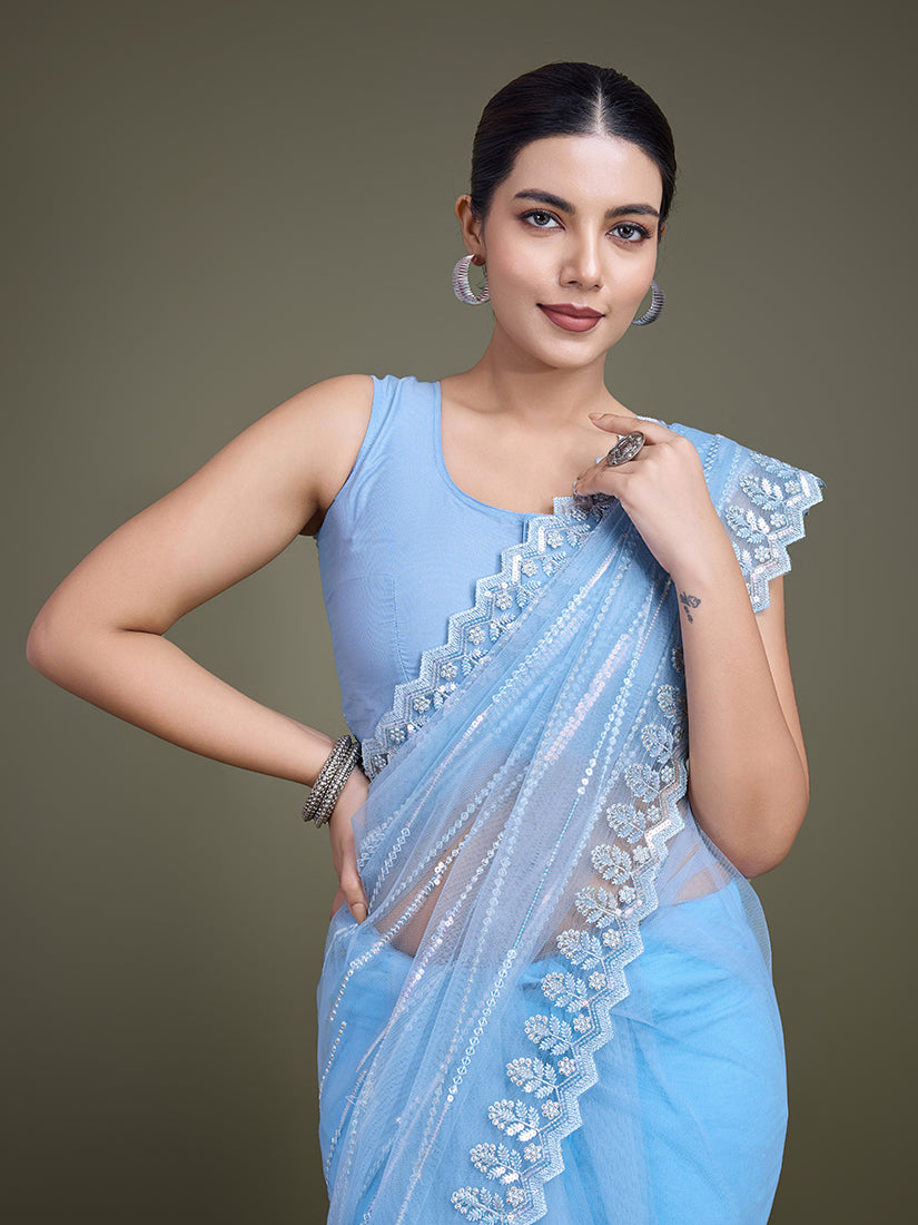 Monjolika Fashion Glamorous Women'S Sky Blue Sequin Work Soft Net Saree - Distacart