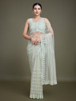 Thumbnail for Monjolika Fashion Glamorous Women'S Light Green Sequin Work Soft Net Saree - Distacart