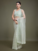 Thumbnail for Monjolika Fashion Glamorous Women'S Light Green Sequin Work Soft Net Saree - Distacart