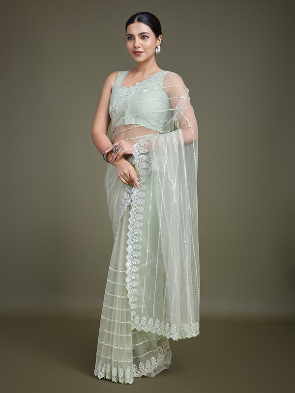 Monjolika Fashion Glamorous Women'S Light Green Sequin Work Soft Net Saree - Distacart