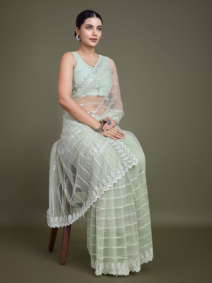 Monjolika Fashion Glamorous Women'S Light Green Sequin Work Soft Net Saree - Distacart