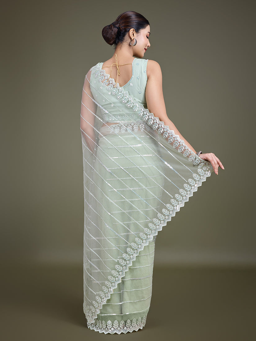 Monjolika Fashion Glamorous Women'S Light Green Sequin Work Soft Net Saree - Distacart