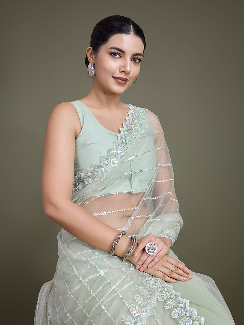 Monjolika Fashion Glamorous Women'S Light Green Sequin Work Soft Net Saree - Distacart