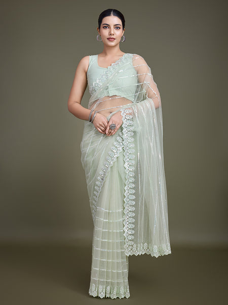 Monjolika Fashion Glamorous Women'S Light Green Sequin Work Soft Net Saree - Distacart