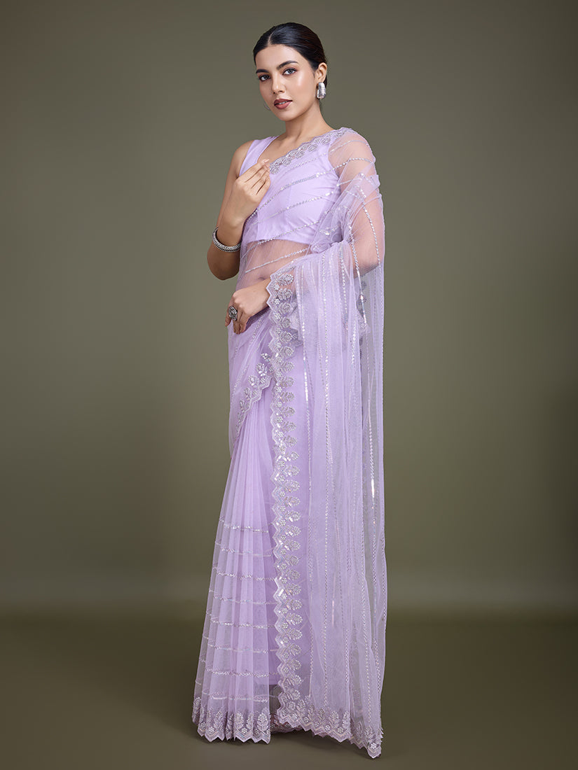 Monjolika Fashion Glamorous Women'S Lavender Sequin Work Soft Net Saree - Distacart