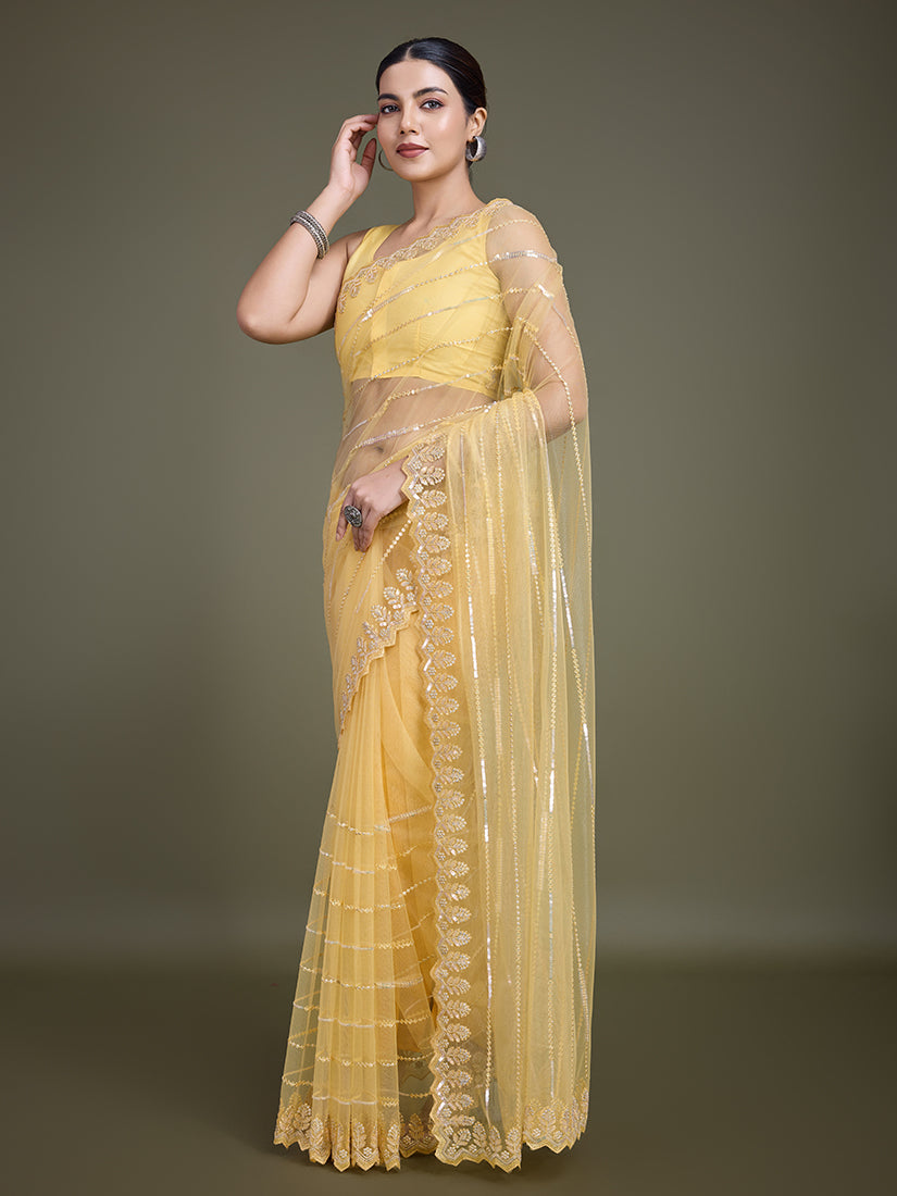 Monjolika Fashion Glamorous Women'S Yellow Sequin Work Soft Net Saree - Distacart
