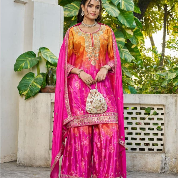 Anaita Hot Pink Chinon Stitched Plazzo Suit With Digital Printed & Hand Work - Distacart