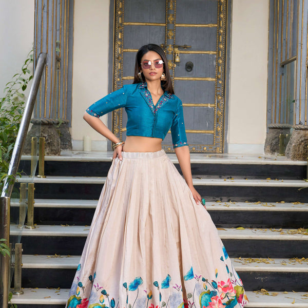 Lorenvalley Fashion Offwhite Tussar Silk Floral Print Lehenga Choli - Distacart