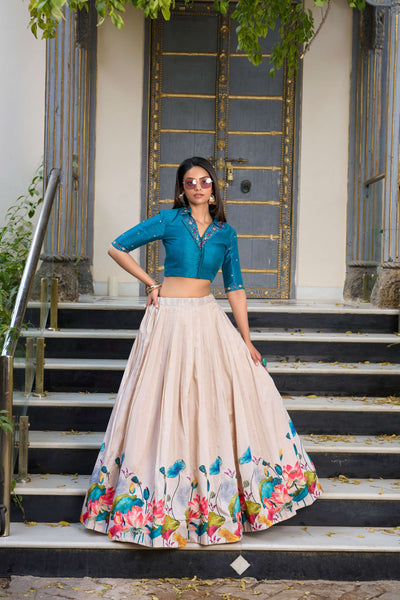 Lorenvalley Fashion Offwhite Tussar Silk Floral Print Lehenga Choli
