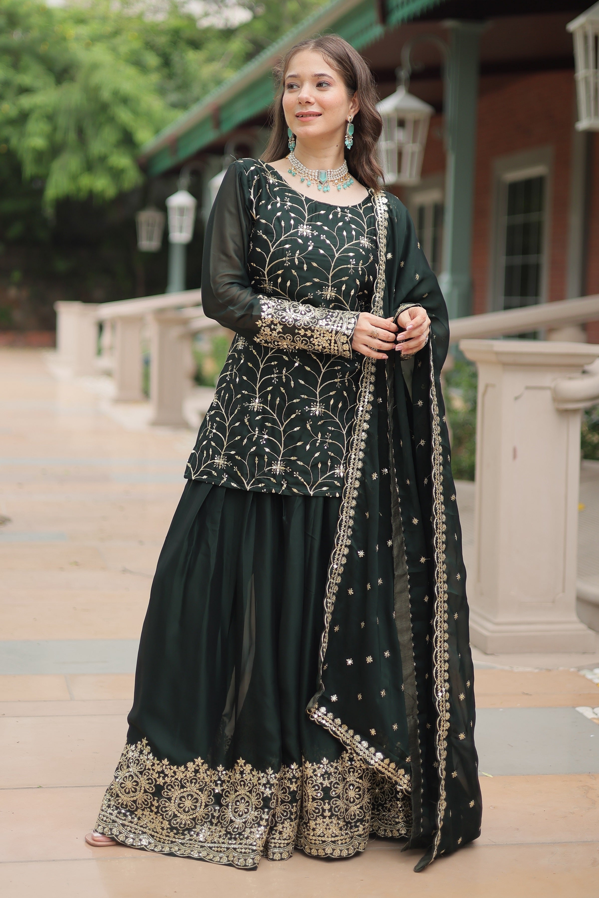 Vedant Vastram Heavy Embroidery & Sequins Work Rangoli Silk Kurti Plazo Set With Dupatta - Green - Distacart