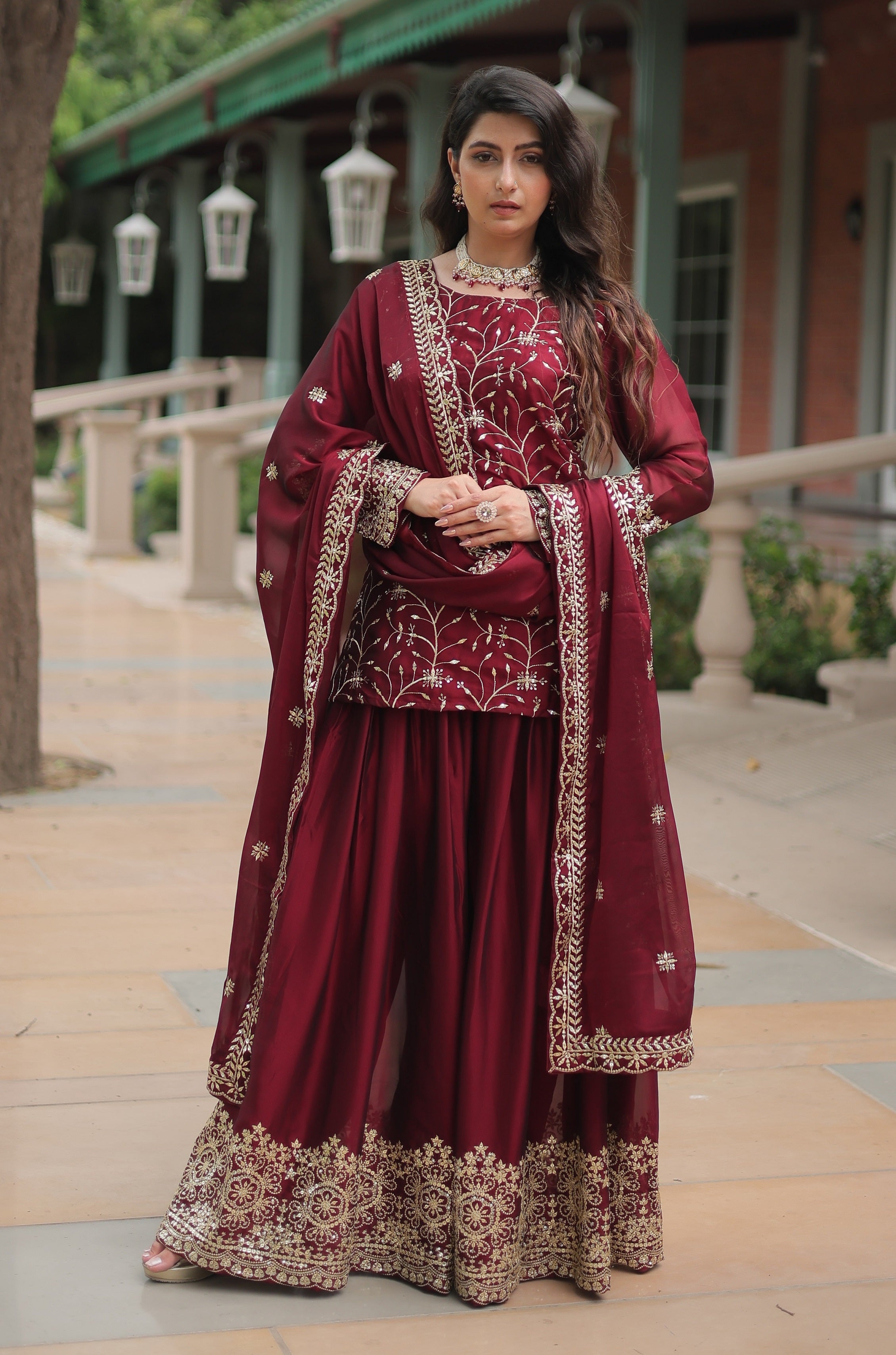 Vedant Vastram Heavy Embroidery & Sequins Work Rangoli Silk Kurti Plazo Set With Dupatta - Maroon - Distacart