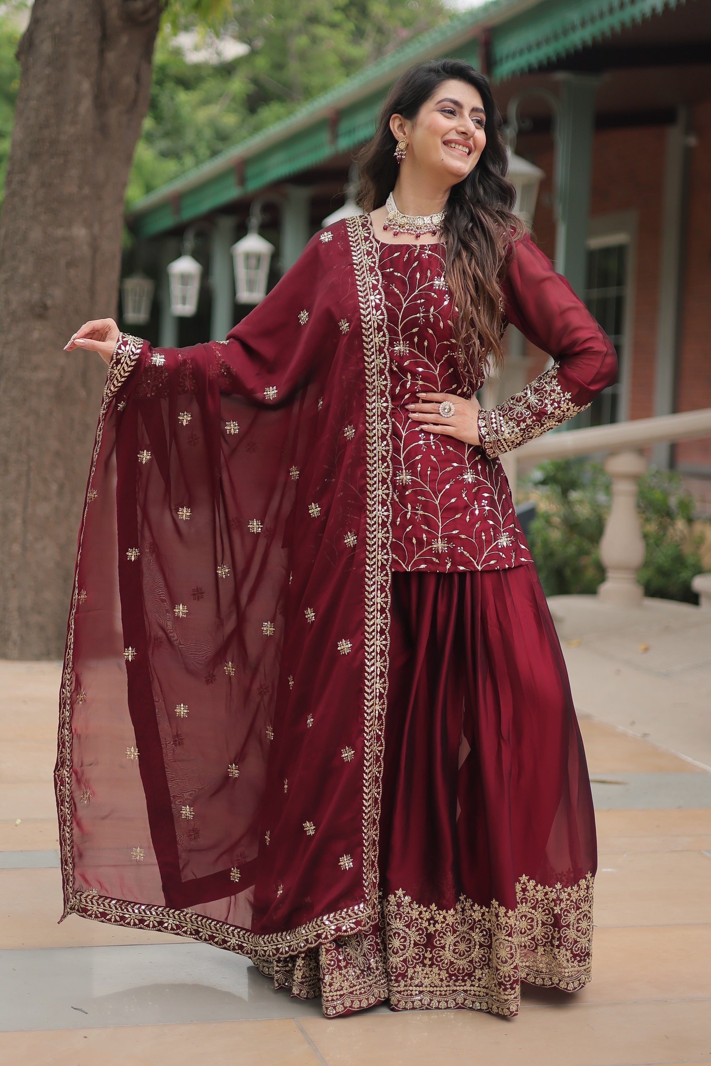 Vedant Vastram Heavy Embroidery & Sequins Work Rangoli Silk Kurti Plazo Set With Dupatta - Maroon - Distacart