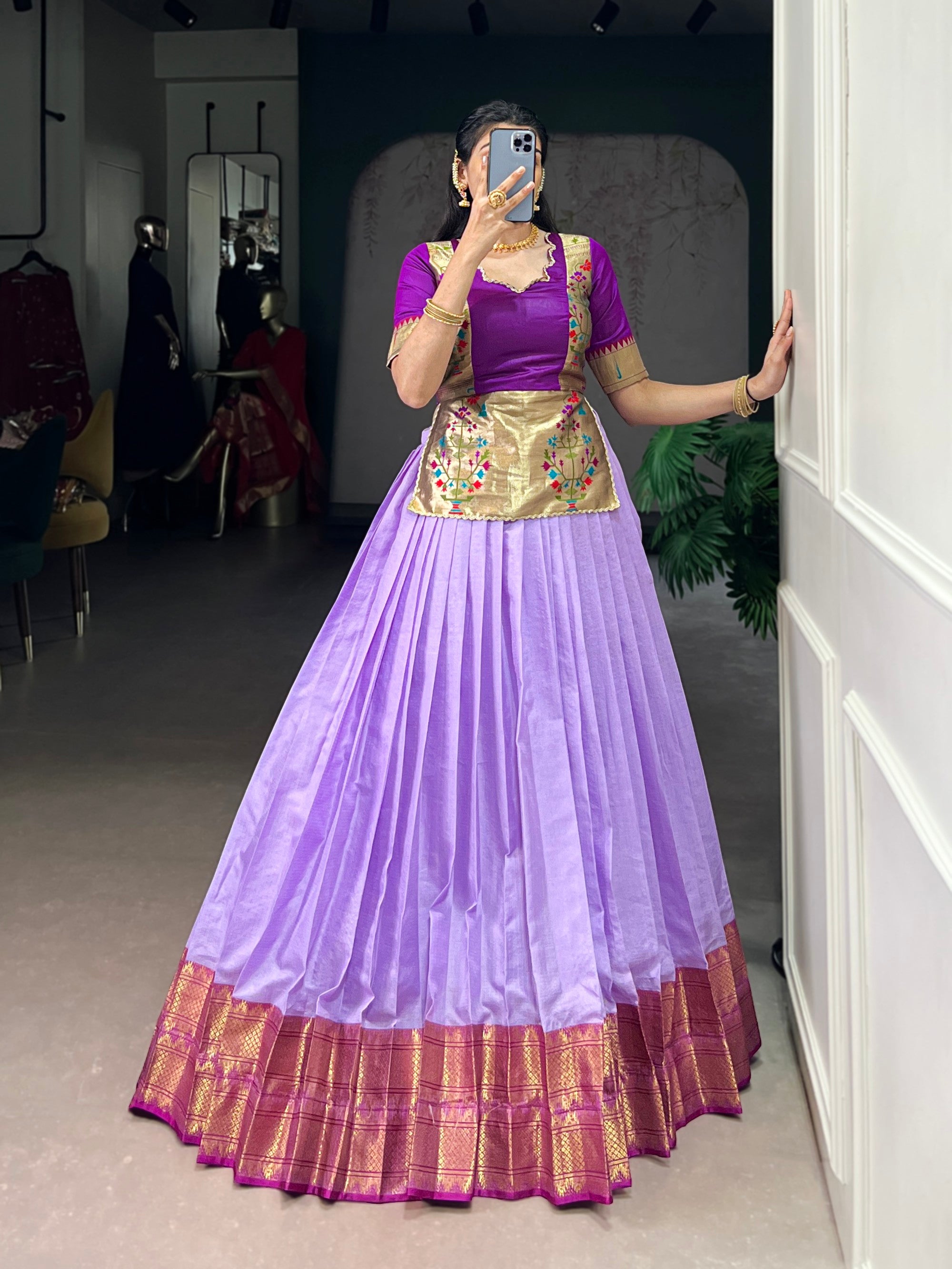 Lorenvalley Fashion Lavender Cotton Silk Zari Weaving Work Lehenga Choli