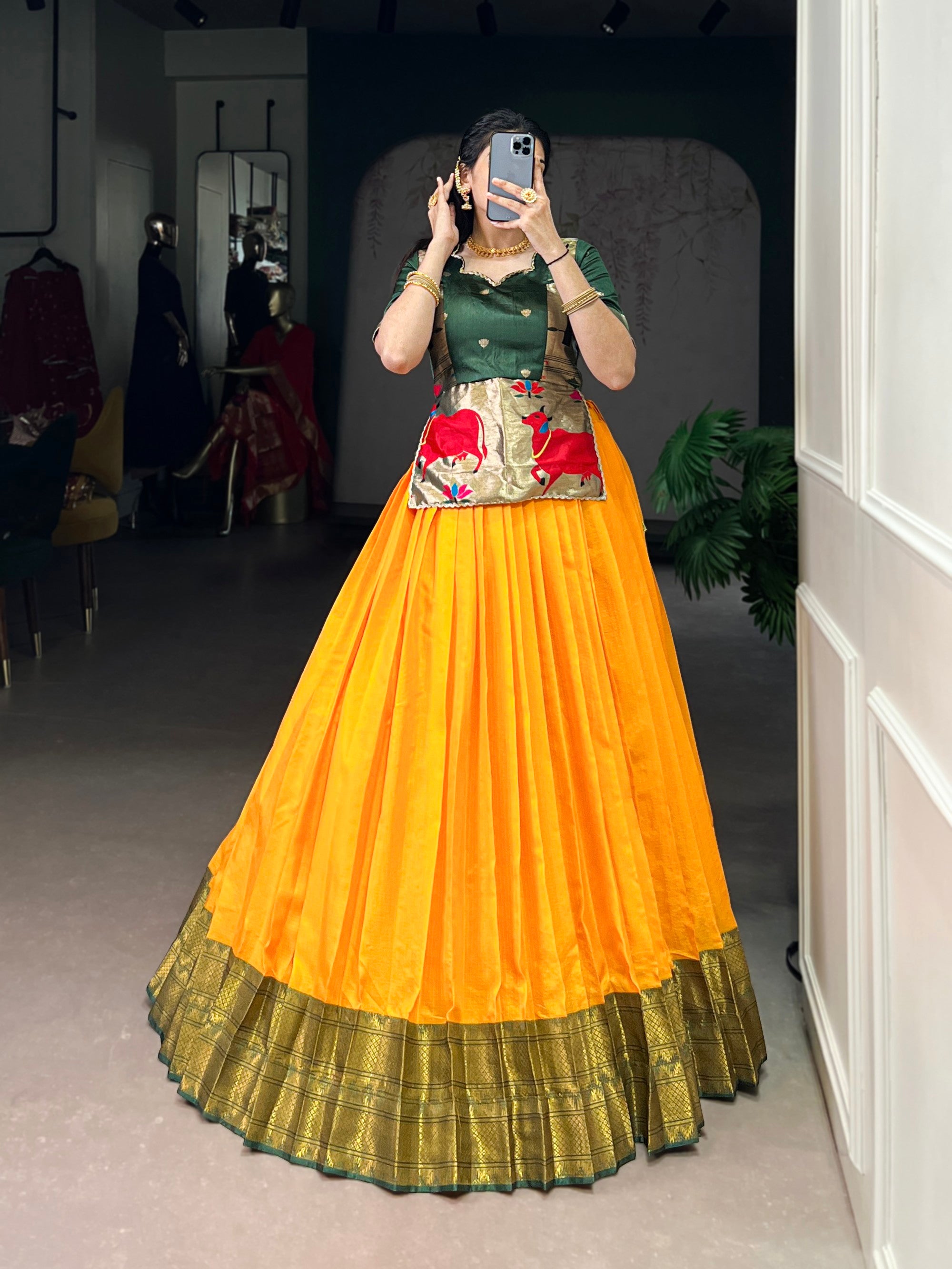 Lorenvalley Fashion Mustard Cotton Silk Zari Weaving Work Lehenga Choli
