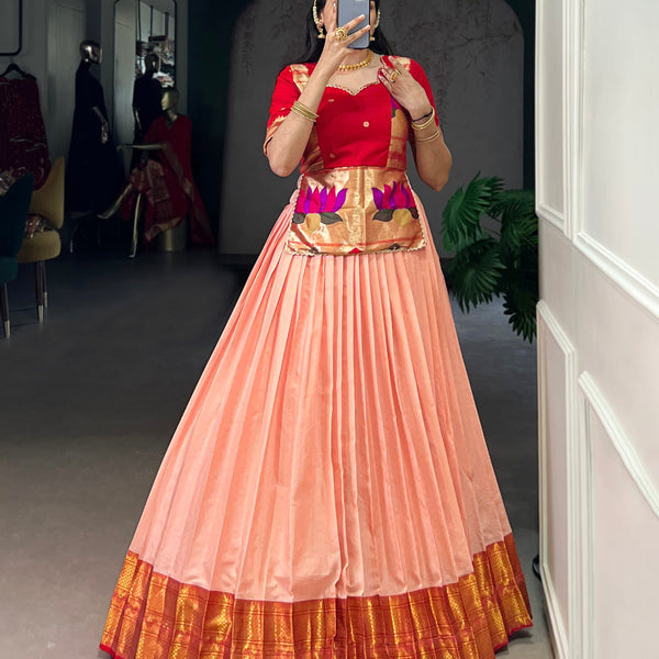 Lorenvalley Fashion Peach Cotton Silk Zari Weaving Work Lehenga Choli - Distacart