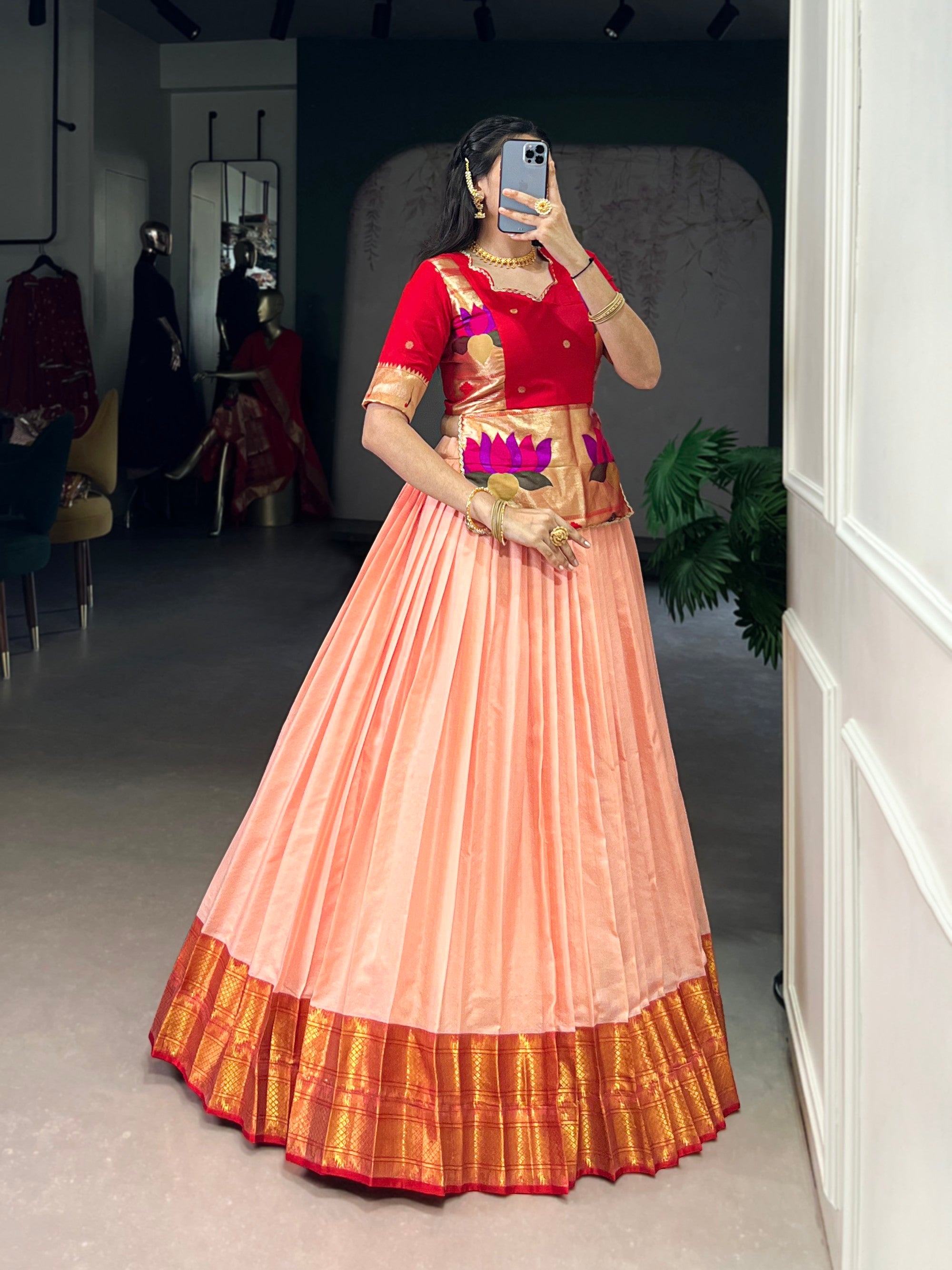Lorenvalley Fashion Peach Cotton Silk Zari Weaving Work Lehenga Choli