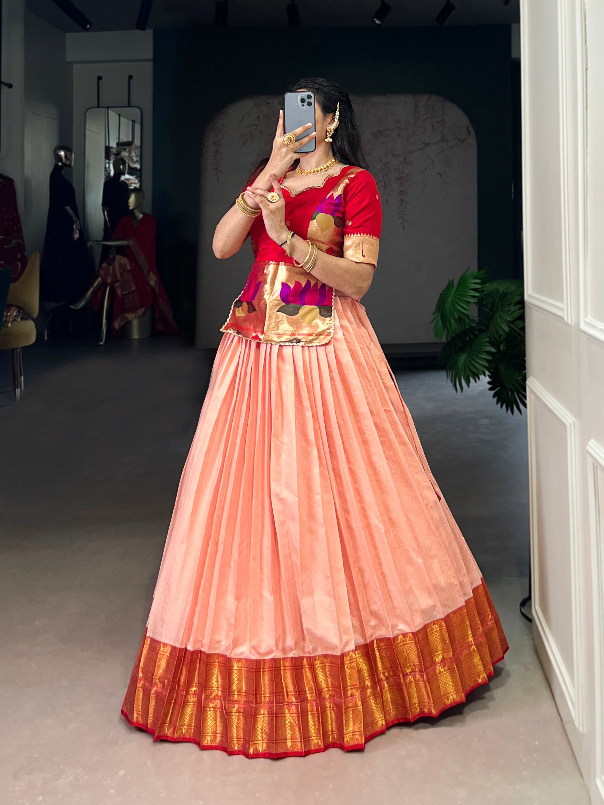 Lorenvalley Fashion Peach Cotton Silk Zari Weaving Work Lehenga Choli
