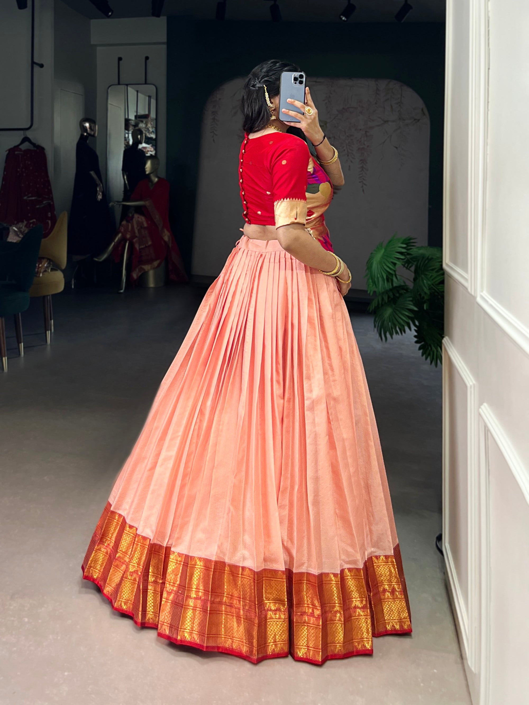 Lorenvalley Fashion Peach Cotton Silk Zari Weaving Work Lehenga Choli