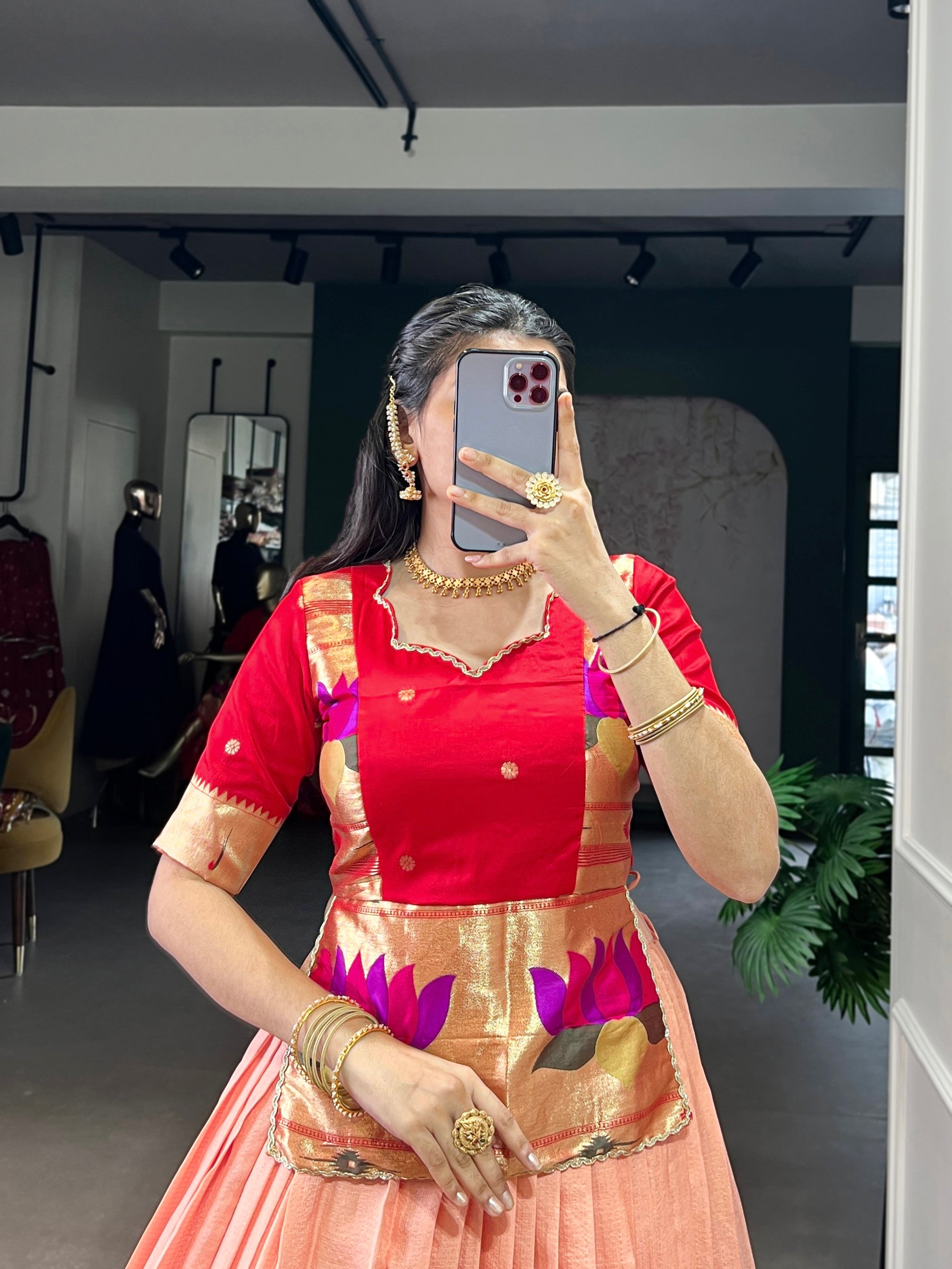 Lorenvalley Fashion Peach Cotton Silk Zari Weaving Work Lehenga Choli