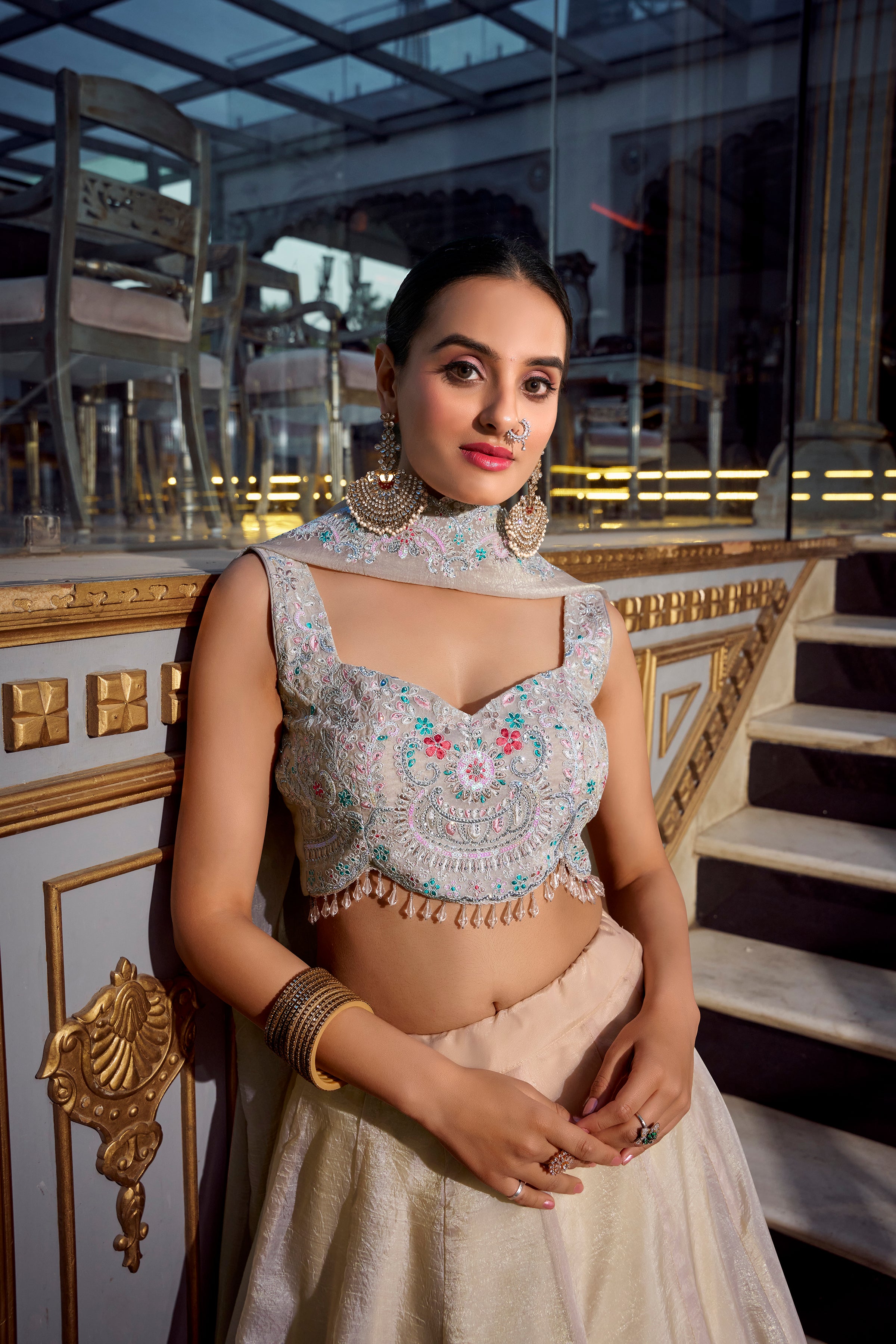 Lorenvalley Cream Gold Crush Fabric Plain Lehenga with Sequins and Thread Embroidery with Jarkan Diamond Work Choli and Dupatta - Distacart