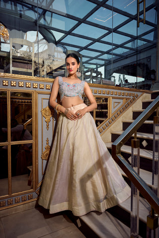 Lorenvalley Cream Gold Crush Fabric Plain Lehenga with Sequins and Thread Embroidery with Jarkan Diamond Work Choli and Dupatta - Distacart