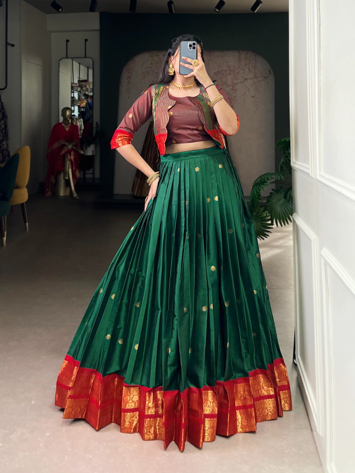 Lorenvalley Fashion Green Poly Cotton Zari Weaving Work Lehenga Choli With Koti