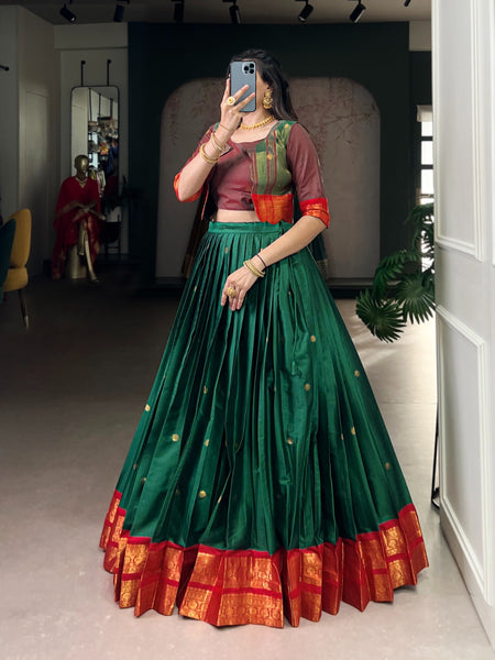 Lorenvalley Fashion Green Poly Cotton Zari Weaving Work Lehenga Choli With Koti