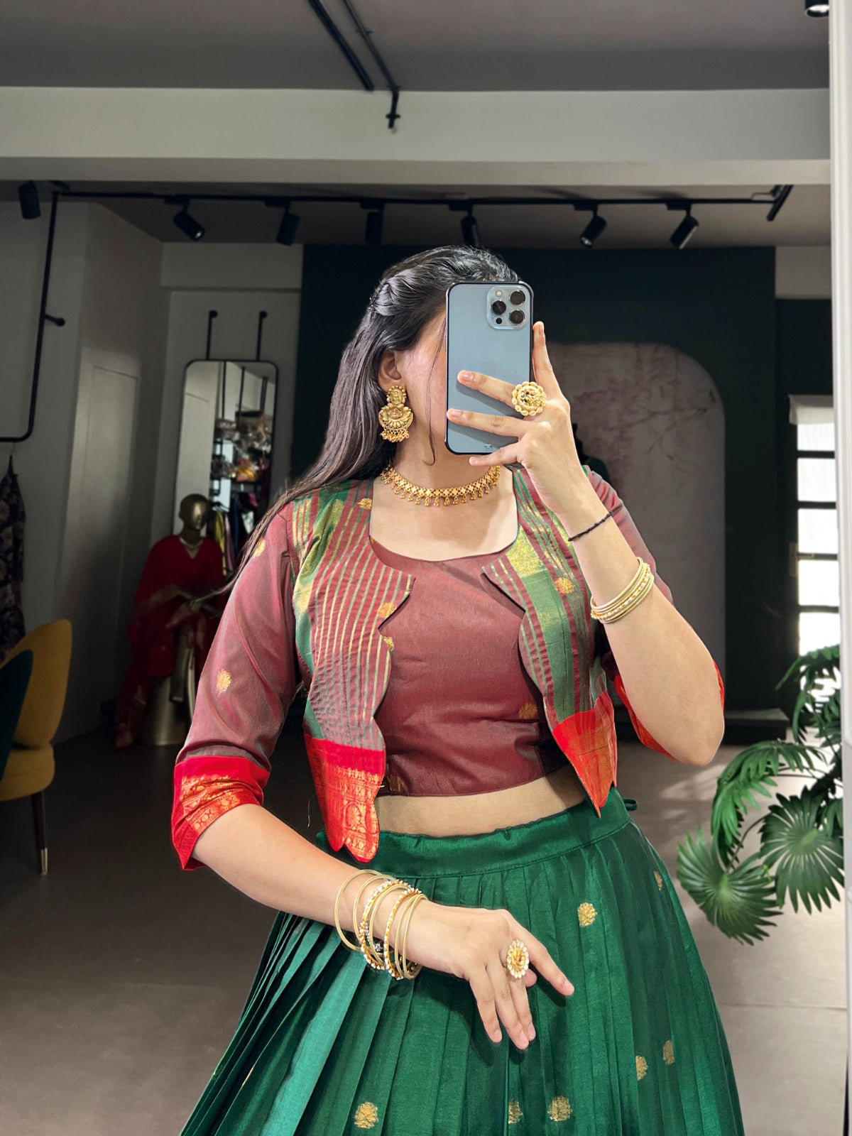 Lorenvalley Fashion Green Poly Cotton Zari Weaving Work Lehenga Choli With Koti