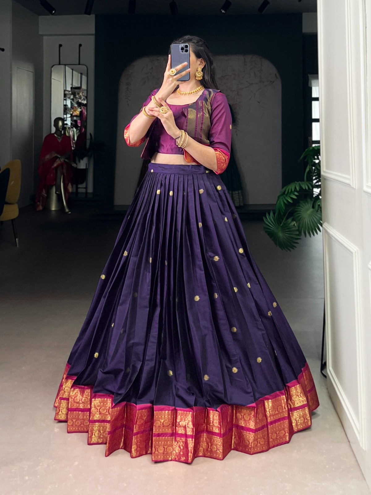 Lorenvalley Fashion Navyblue Poly Cotton Zari Weaving Work Lehenga Choli With Koti