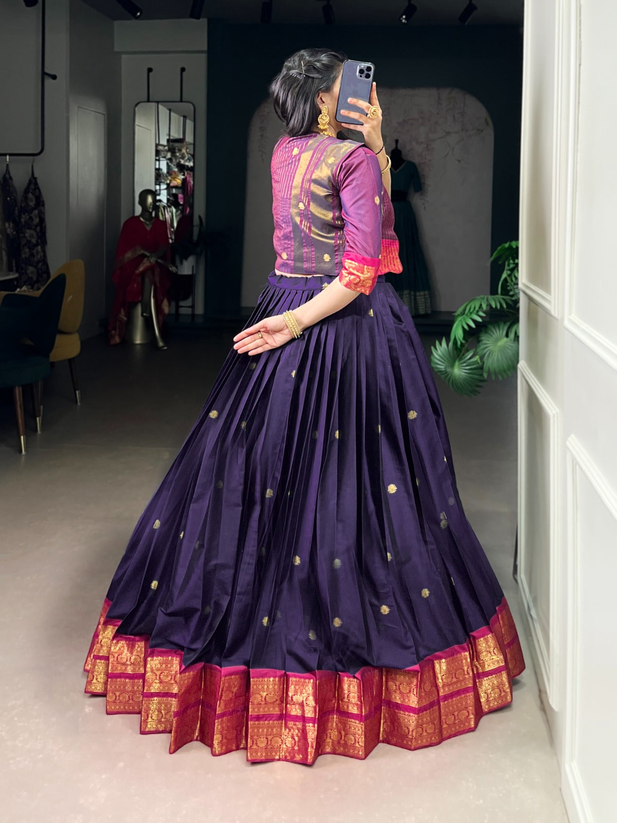 Lorenvalley Fashion Navyblue Poly Cotton Zari Weaving Work Lehenga Choli With Koti