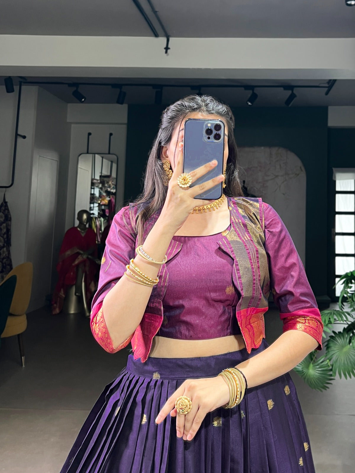 Lorenvalley Fashion Navyblue Poly Cotton Zari Weaving Work Lehenga Choli With Koti