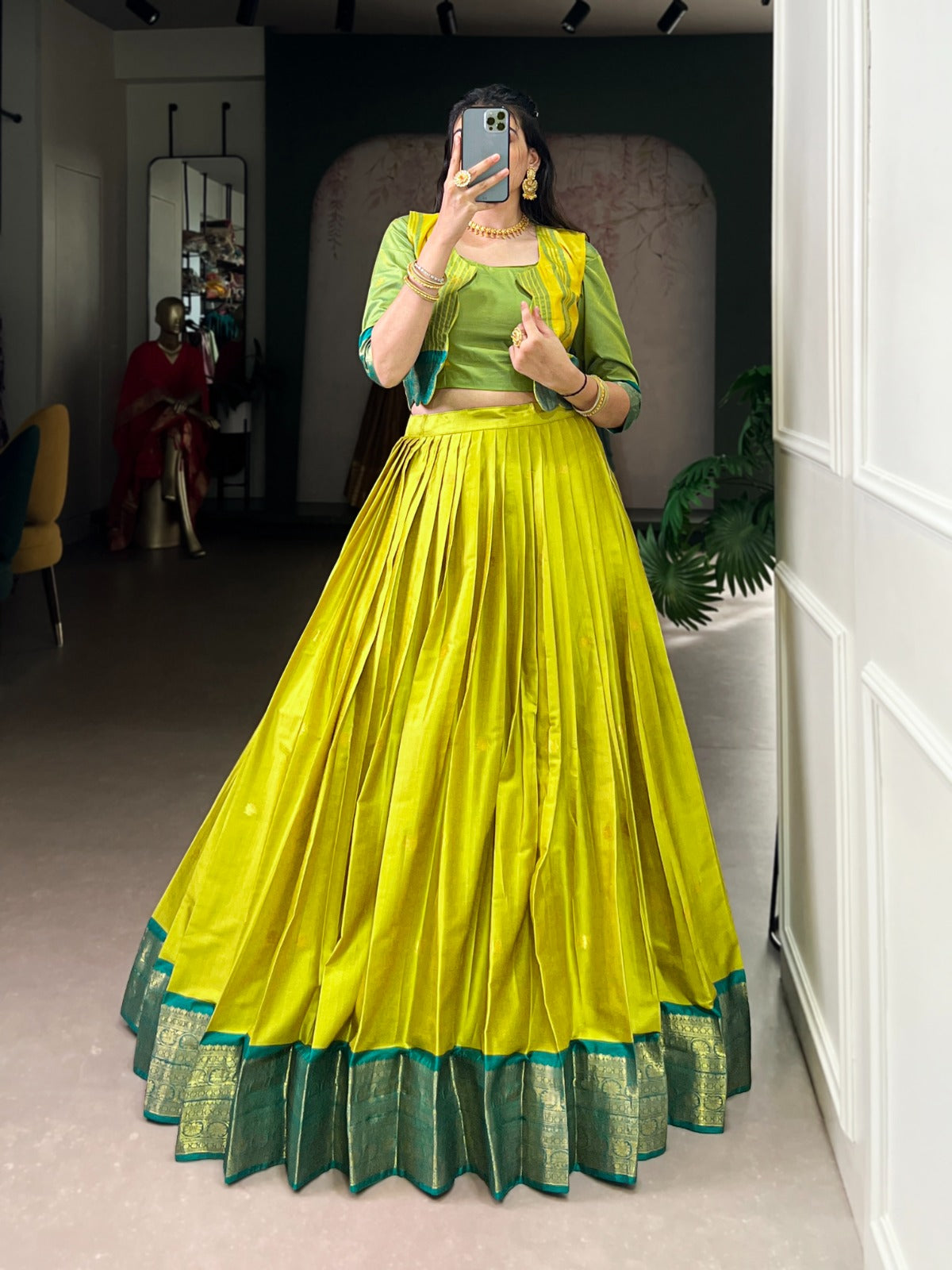 Lorenvalley Fashion Parotgreen Poly Cotton Zari Weaving Work Lehenga Choli With Koti