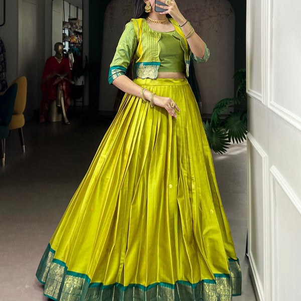 Lorenvalley Fashion Parotgreen Poly Cotton Zari Weaving Work Lehenga Choli With Koti