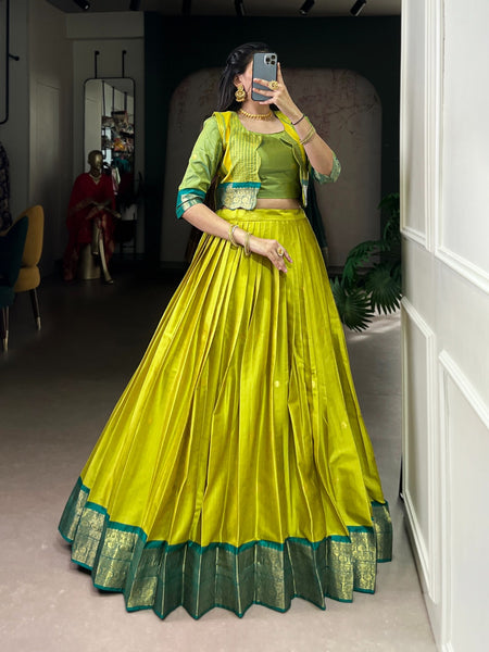 Lorenvalley Fashion Parotgreen Poly Cotton Zari Weaving Work Lehenga Choli With Koti