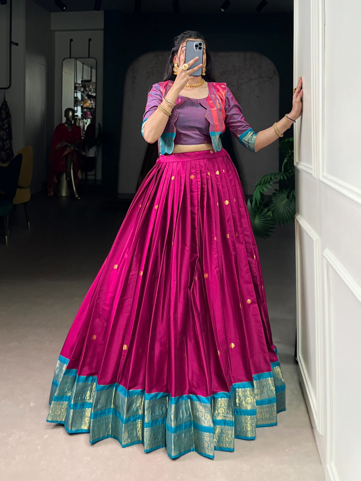 Lorenvalley Fashion Pink Poly Cotton Zari Weaving Work Lehenga Choli With Koti