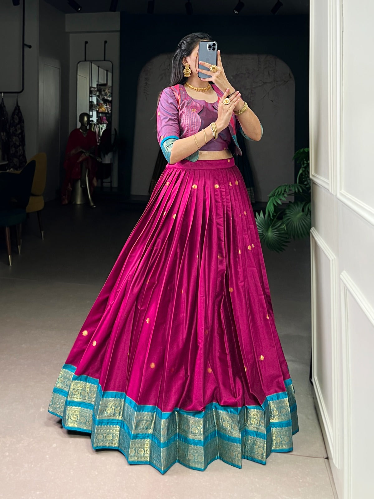 Lorenvalley Fashion Pink Poly Cotton Zari Weaving Work Lehenga Choli With Koti