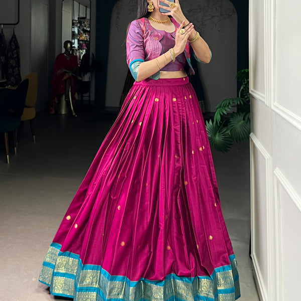 Lorenvalley Fashion Pink Poly Cotton Zari Weaving Work Lehenga Choli With Koti