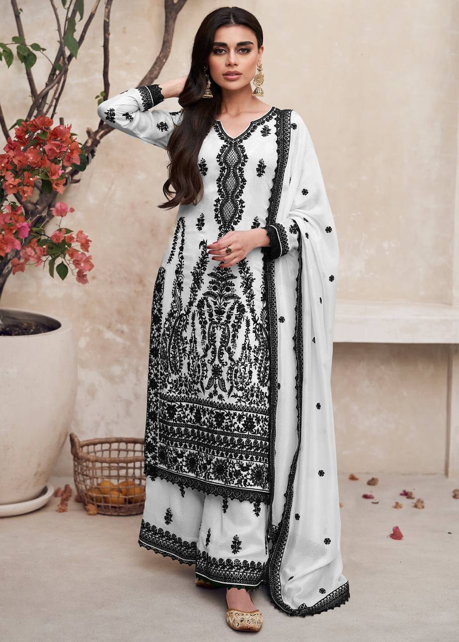 Lorenvalley White Chinon Embroidery With Sequince Work Salwar Kameez Stitched - Distacart