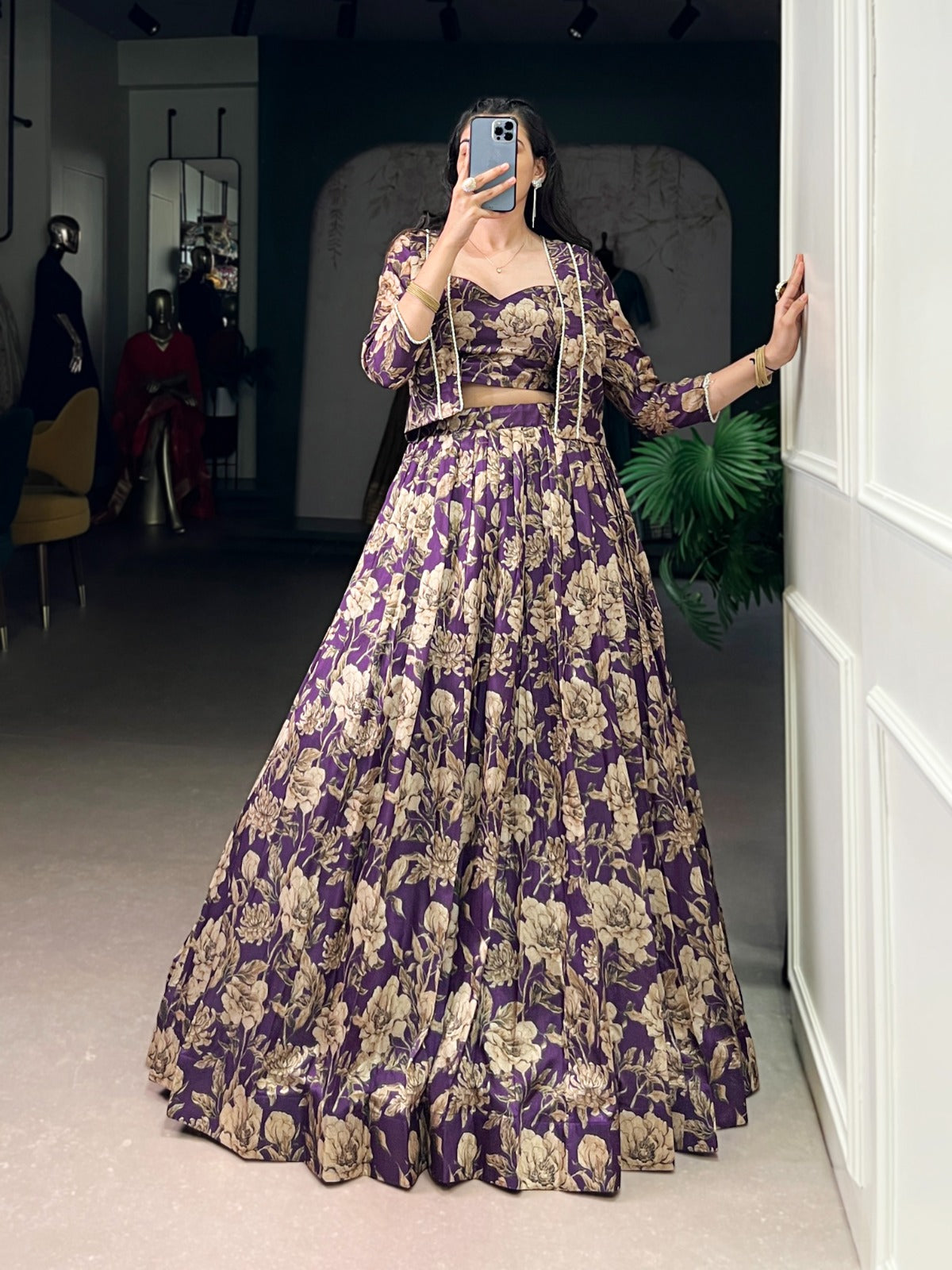 Lorenvalley Fashion Viovet Tasar Silk Floral Print Lehenga Choli with Koti