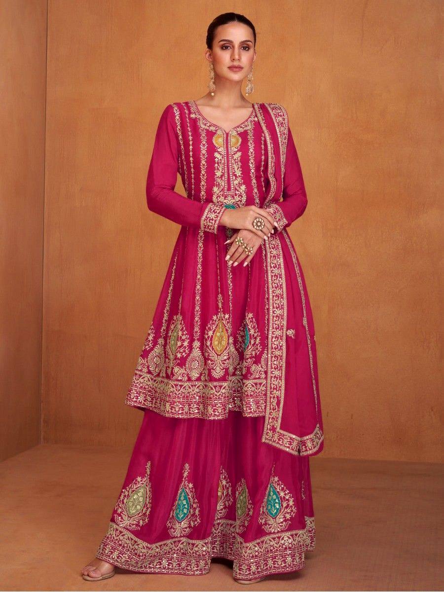 Lorenvalley Magenta Chinon Embroidery With Sequince Work Salwar Kameez Stitched - Distacart