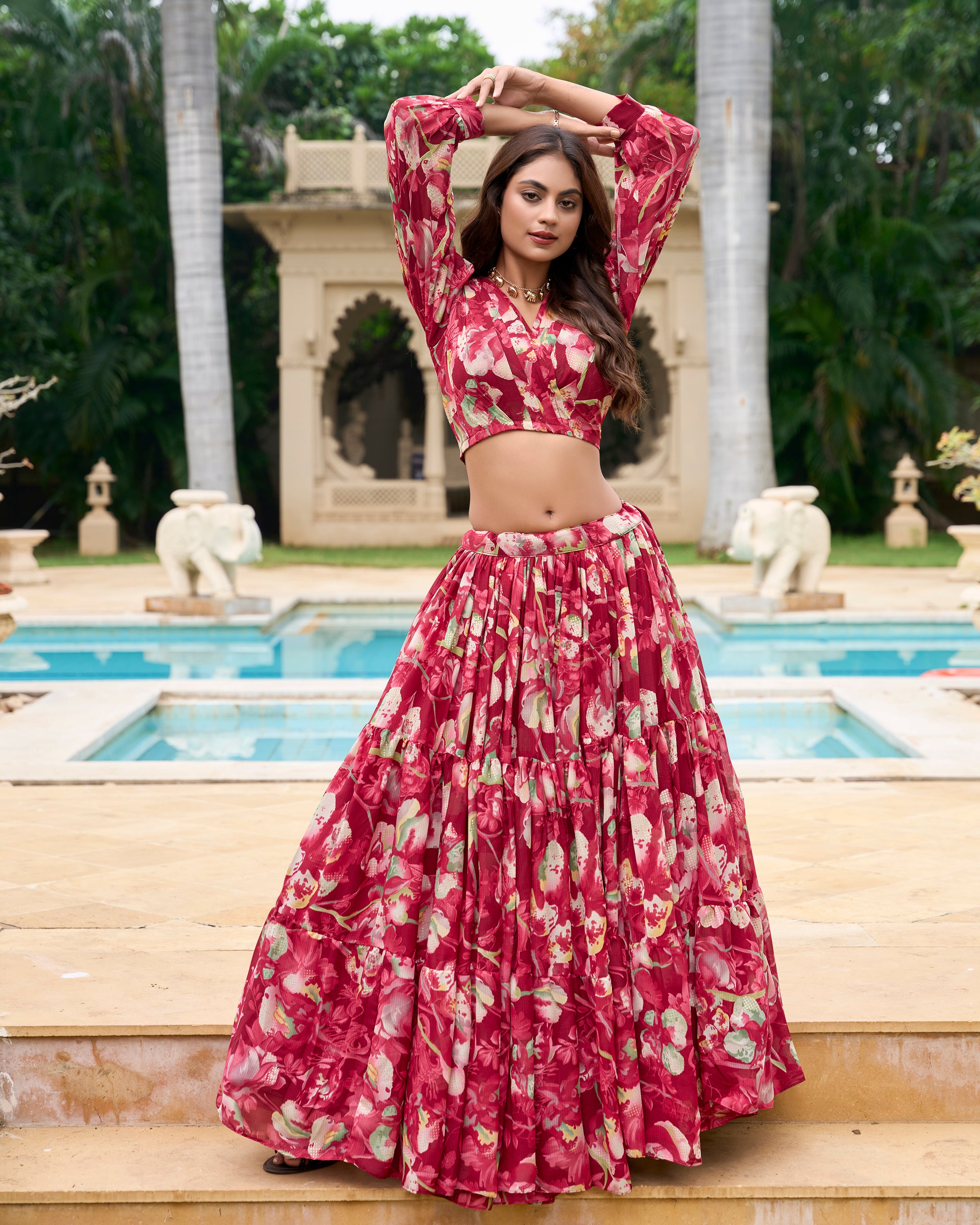 Lorenvalley Maroon Georgette Chex beautiful Floral Print ethnic Co-ord Set - Distacart