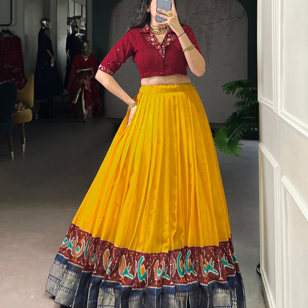 Lorenvalley Fashion Mustard Poly Cotton Printed With Zari Weaving Lehenga Choli