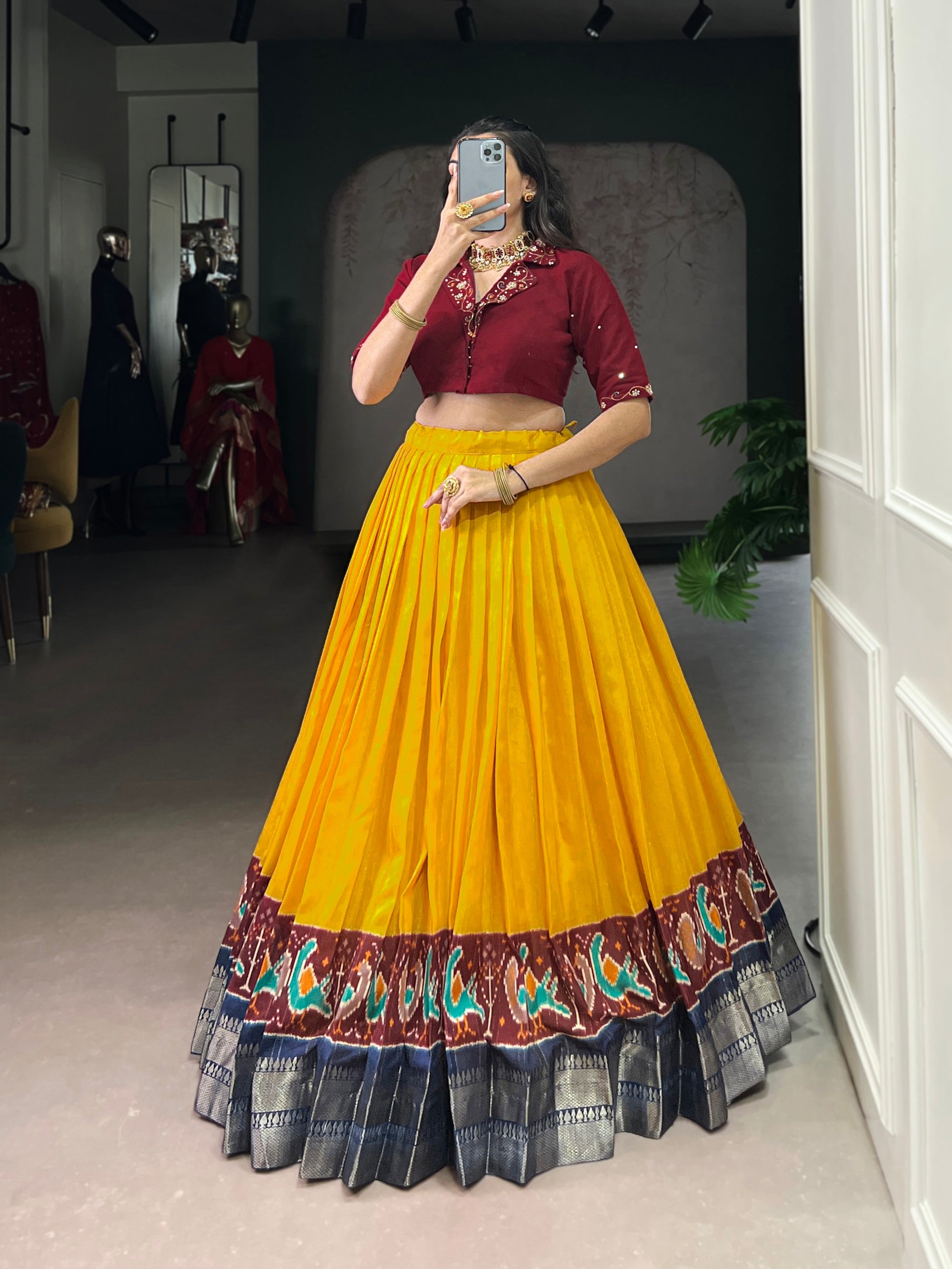 Lorenvalley Fashion Mustard Poly Cotton Printed With Zari Weaving Lehenga Choli