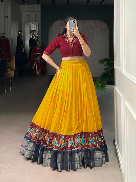 Lorenvalley Fashion Mustard Poly Cotton Printed With Zari Weaving Lehenga Choli