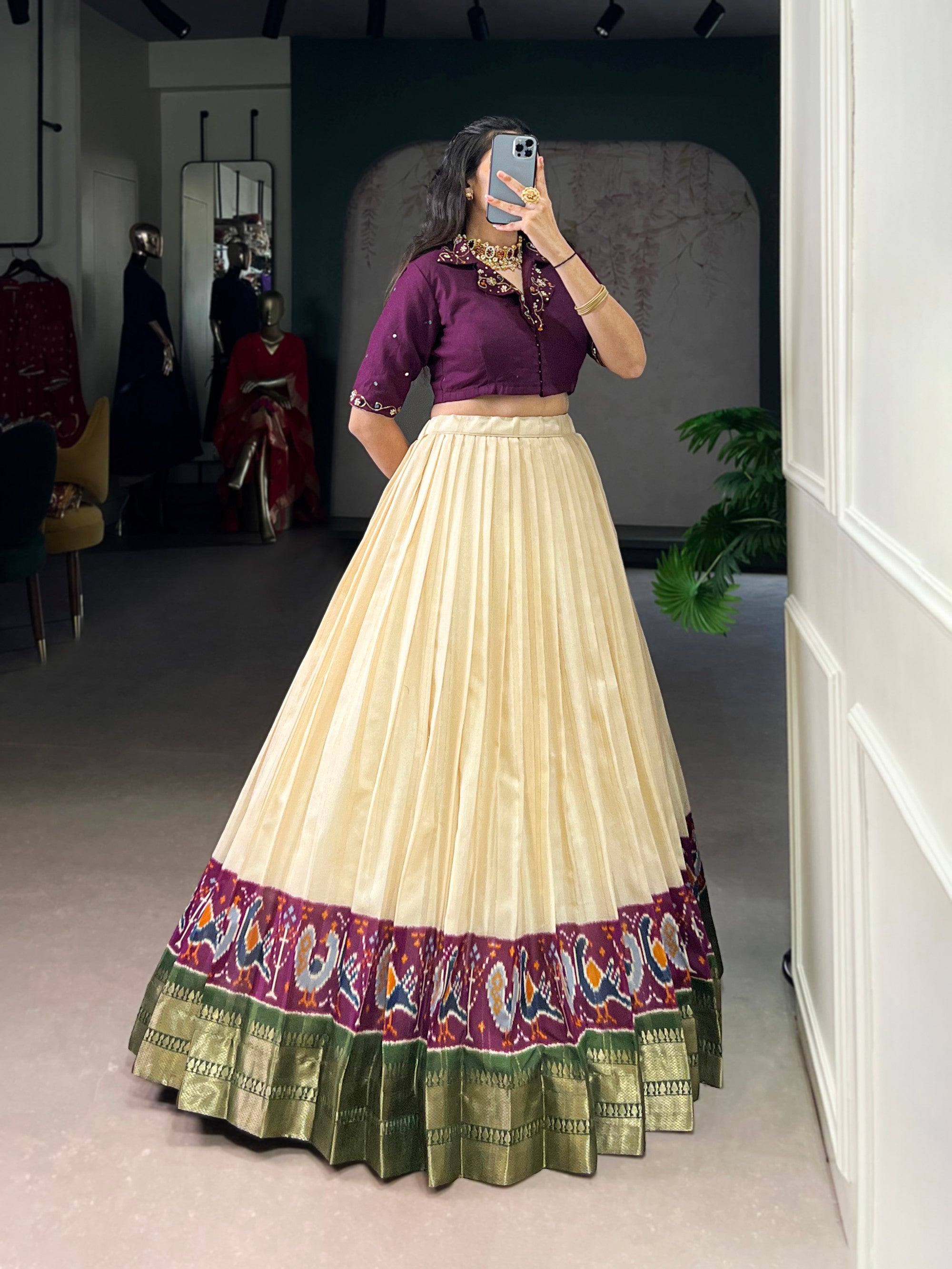 Lorenvalley Fashion Offwhite Poly Cotton Printed With Zari Weaving Lehenga Choli