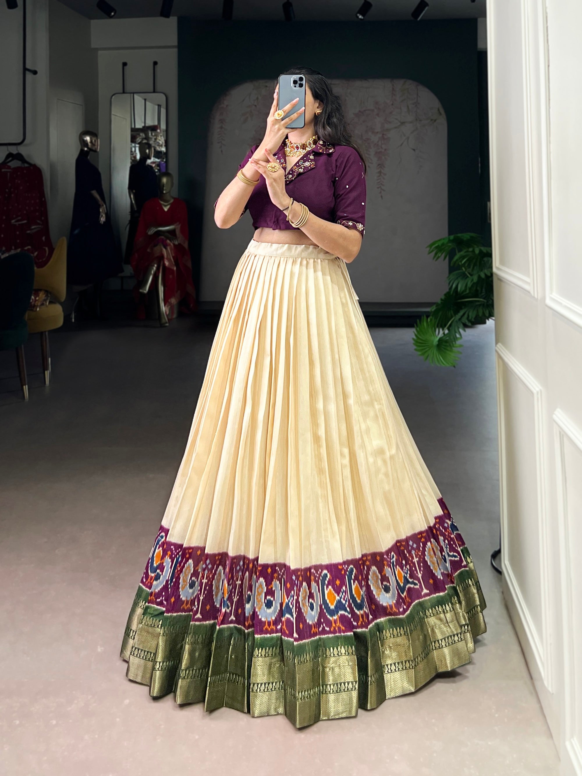 Lorenvalley Fashion Offwhite Poly Cotton Printed With Zari Weaving Lehenga Choli