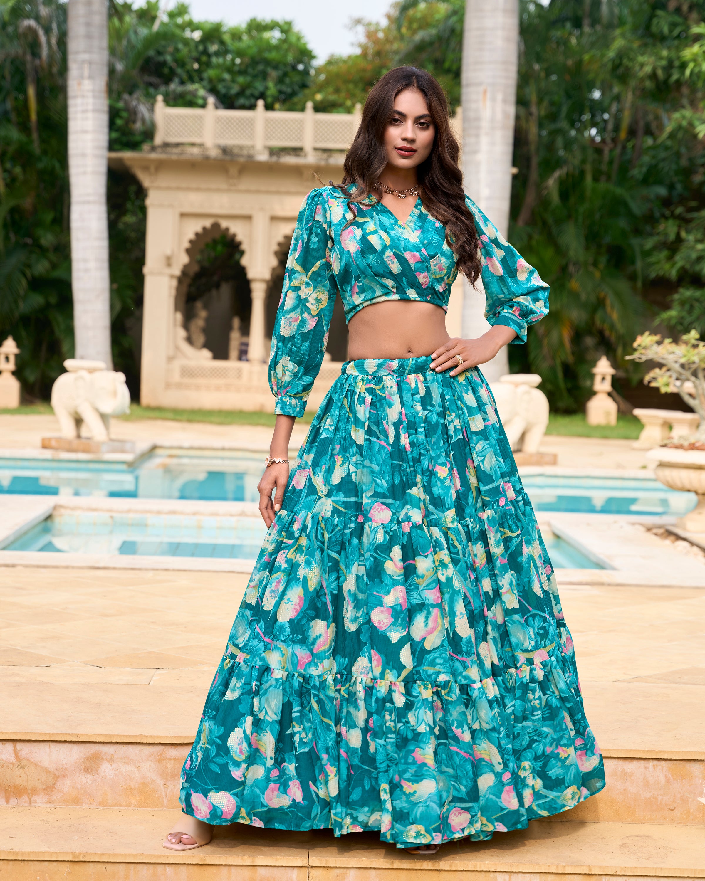Lorenvalley Teal Georgette Chex beautiful Floral Print ethnic Co-ord Set - Distacart
